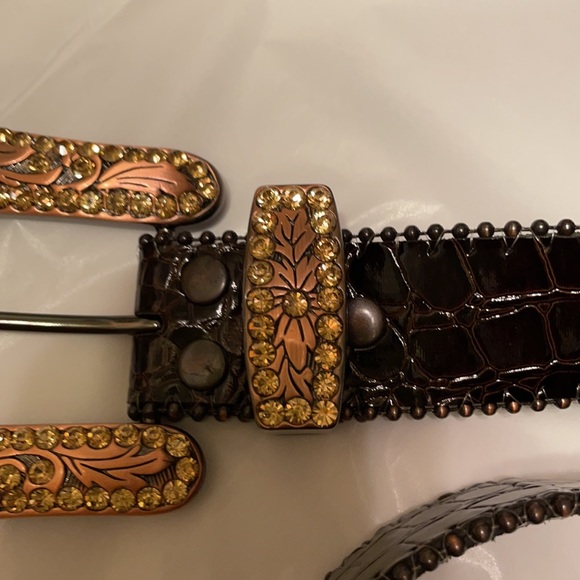 BB SIMON NEW WESTERN BROWN LEATHER BLINGED OUT WITH CRYSTALS IN COPPER main image 4
